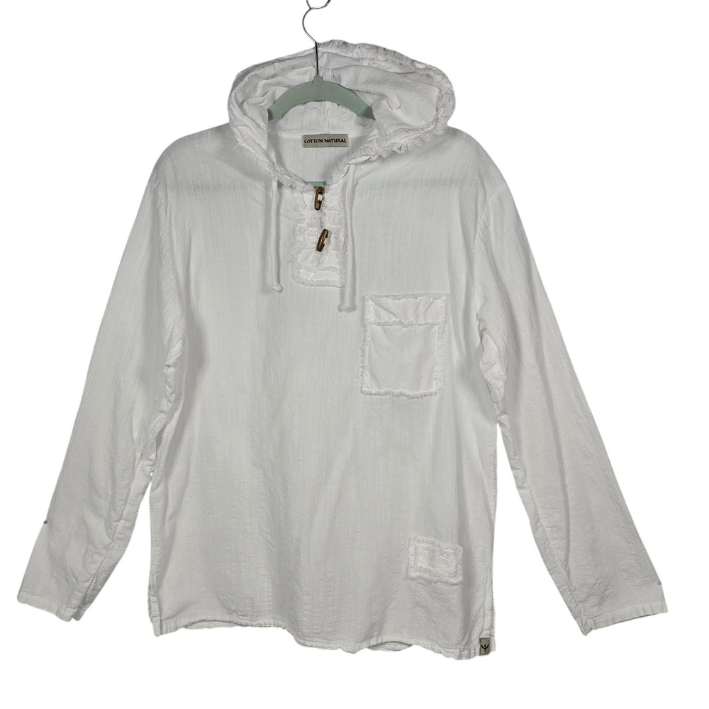 Cotton Natural White Gauze Boho Hoodie Woman Small Toggle Button Frayed Trim